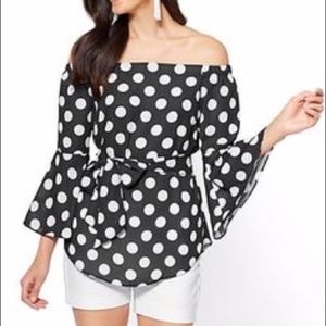 New York&Company Dot-Print Off Shoulder Blouse